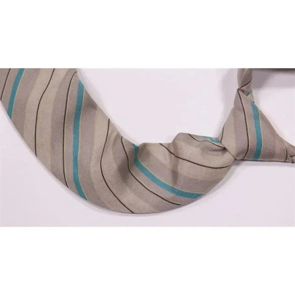 Gianni Versace Vintage 1980's Beige/Aqua Striped Silk-Linen Necktie Tie - Picture 1 of 6
